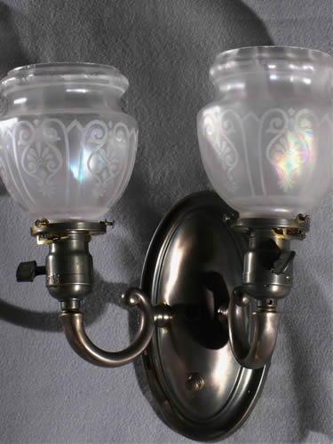 Pair of Double Arm Sconces with Cartouche Design Shades